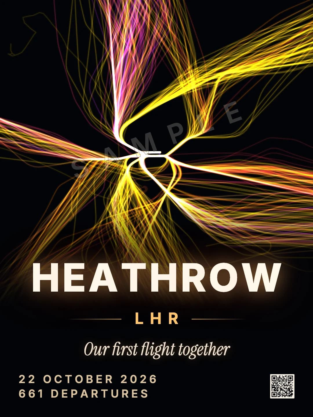 A Heathrow print with the line “Our first flight together” under the airport's name